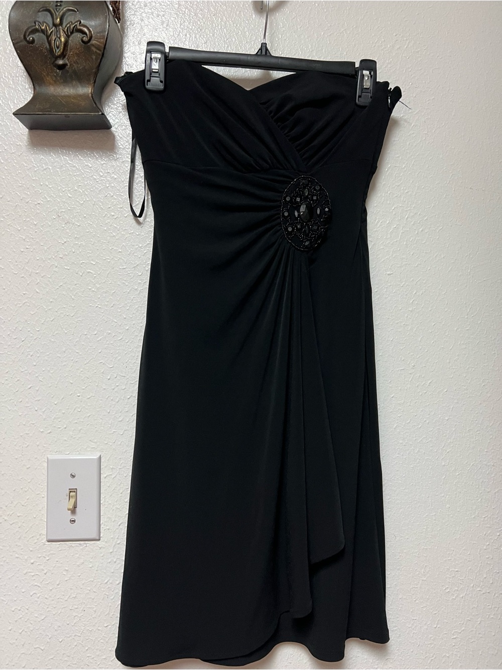 White House Black Market Black Strapless Evening Dress with Beaded Medallion